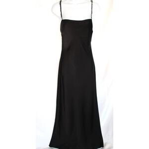 Nwt ZARA Black Satin Effect Slip Maxi Dress w/ Beaded Spaghetti Straps Sz M